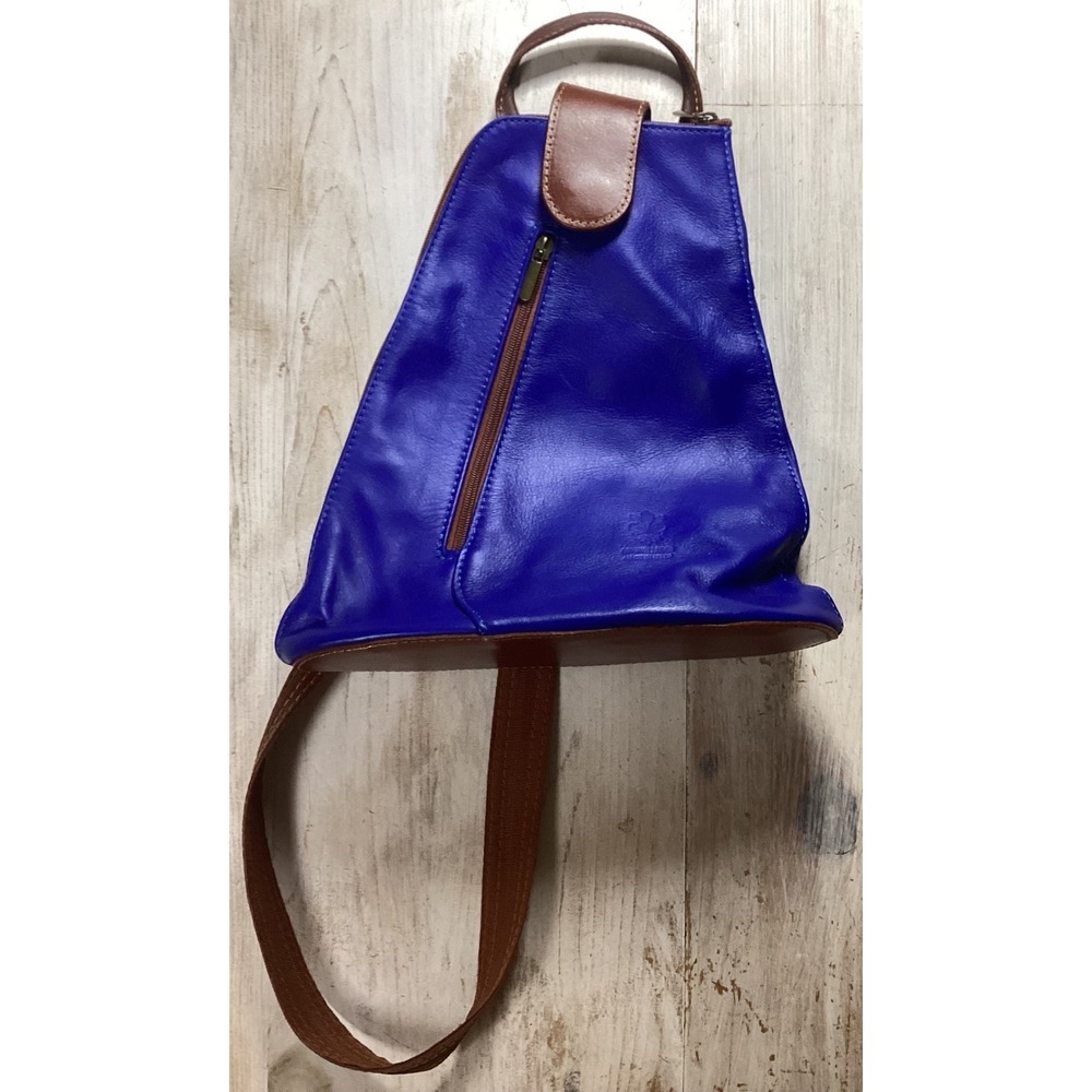Vera Pelle Italian Leather Sling Backpack Cobalt Blue Brown Trim Made in Italy